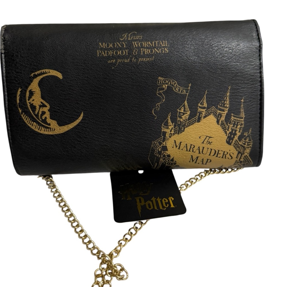 Harry Potter Marauder’s Map Crossbody Wallet Clutch Black Gold Chain Hogwarts